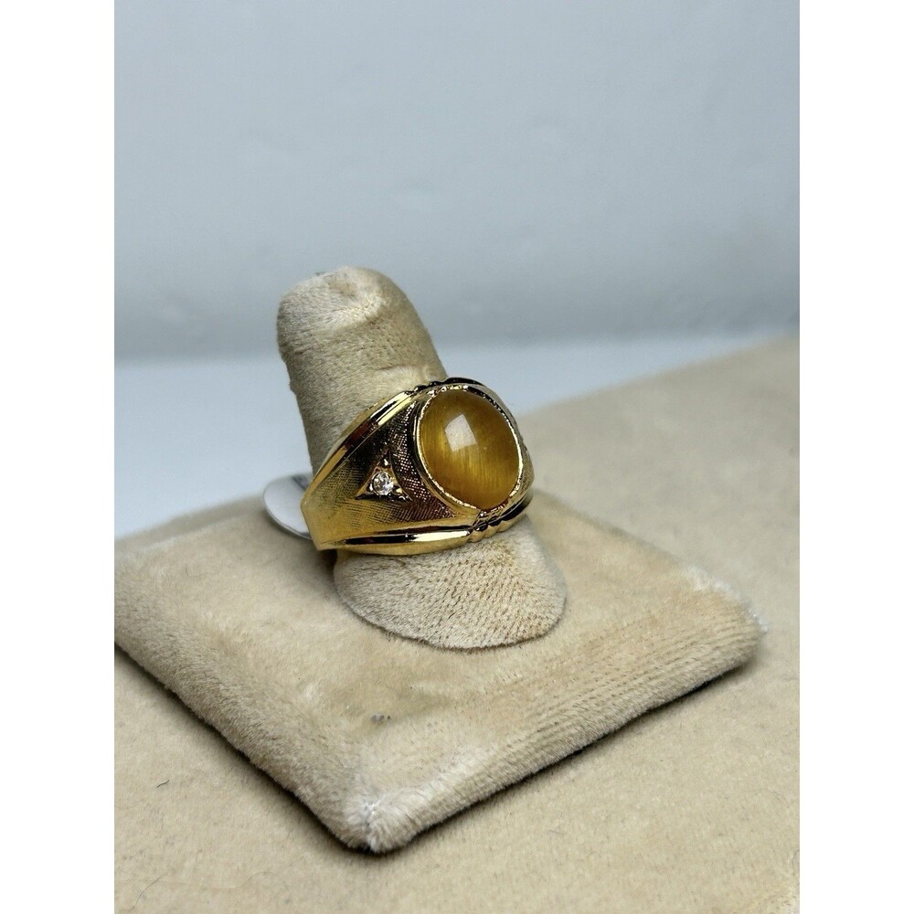 Men's 18k Gold Electroplated Ring Tiger's Eye with Diamond AccentsSiz 9